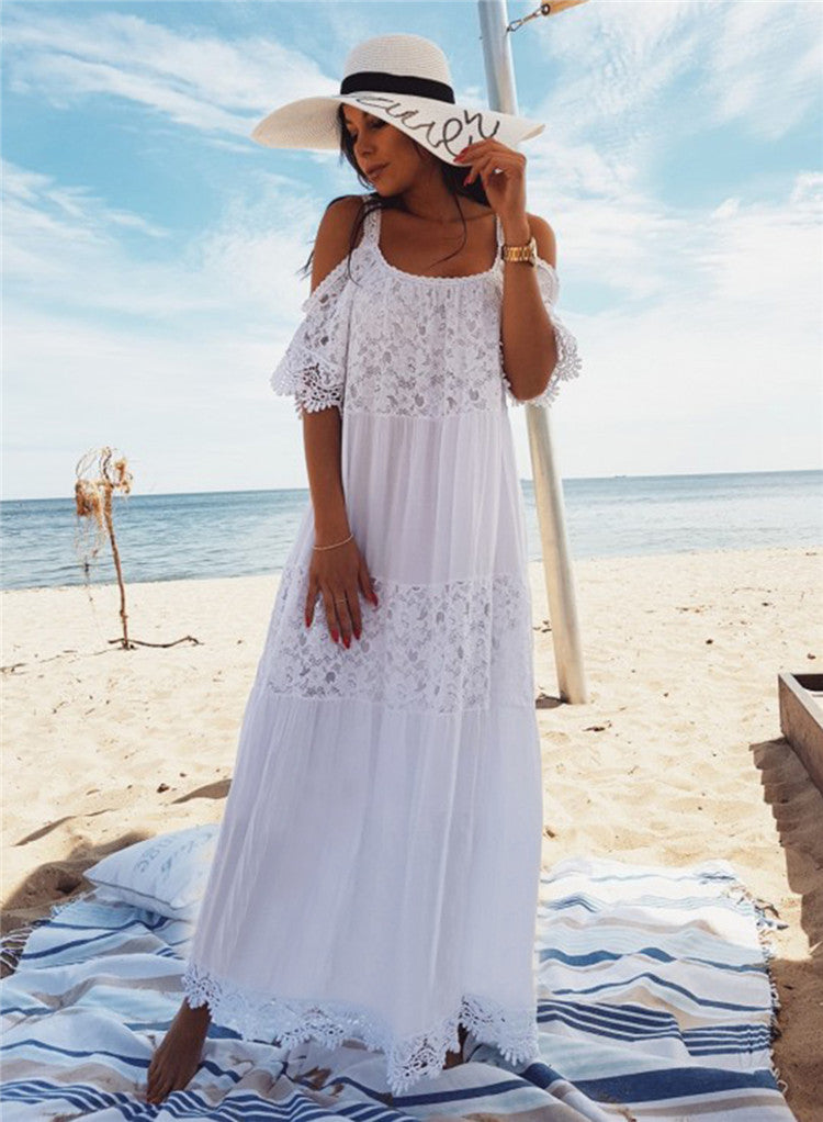 Rayon Stitching Lace Embroidery Beach Cover up Sexy Sling Dress Seaside Bikini Cover Bella Mia